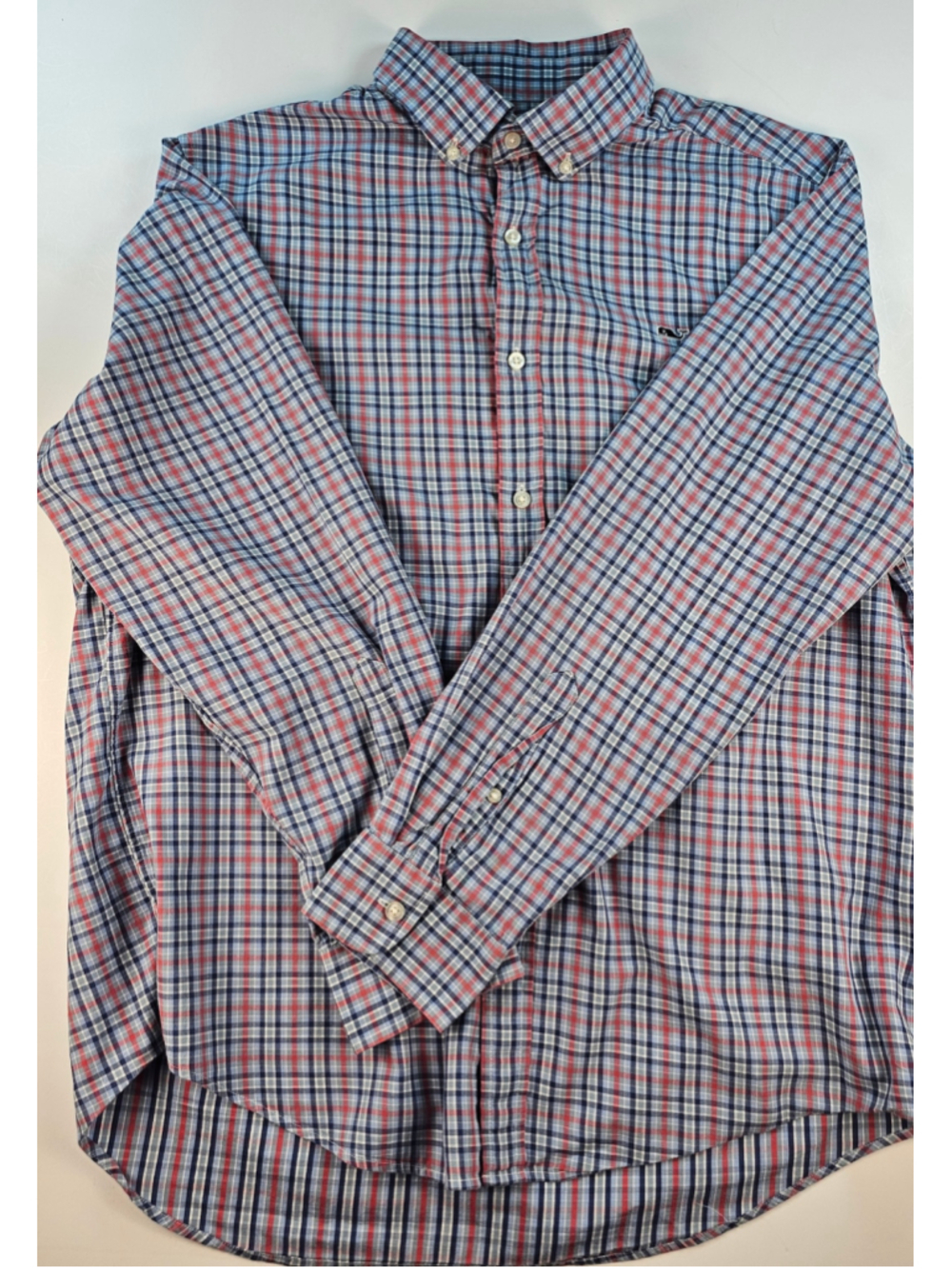 Vineyard Vines Whale Shirt Mens L Blue Red Plaid Cotton Button Down Long Sleeve
